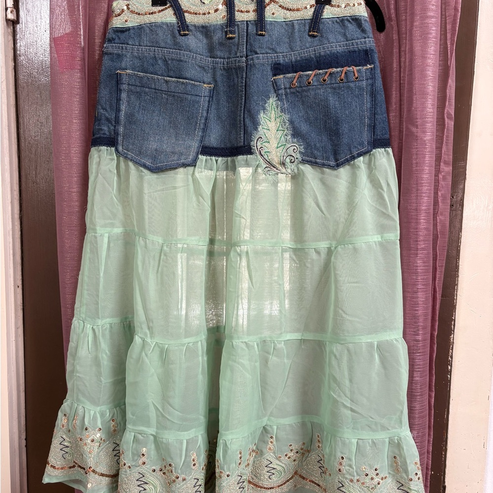 Vintage Y2K Fairycore Denim + Mint Green Midi Skirt - Picture 6 of 7